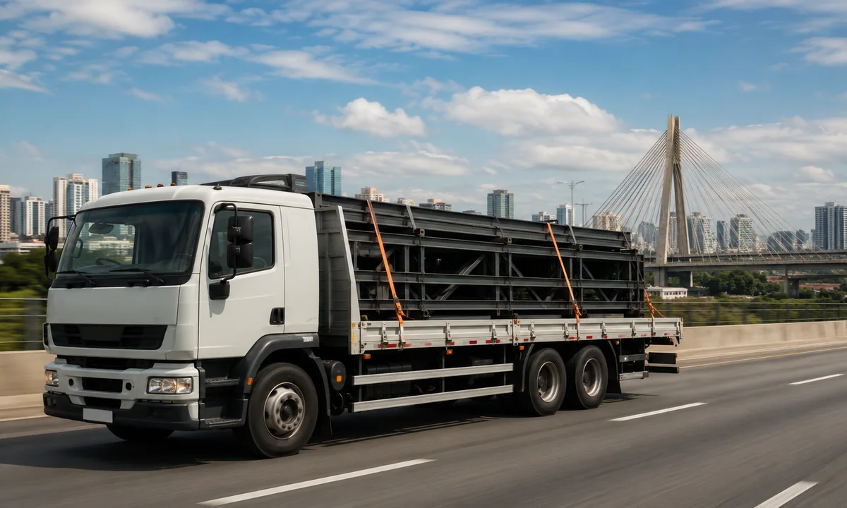 Carga de equipamento acomodada em caminhão plataforma