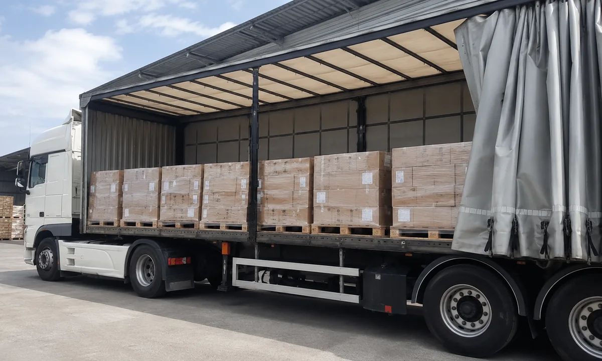 Carga paletizada sendo preparada para transporte em caminhão