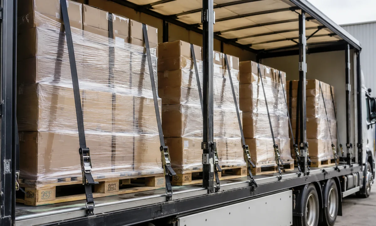 Mercadorias paletizadas organizadas para transporte em caminhão