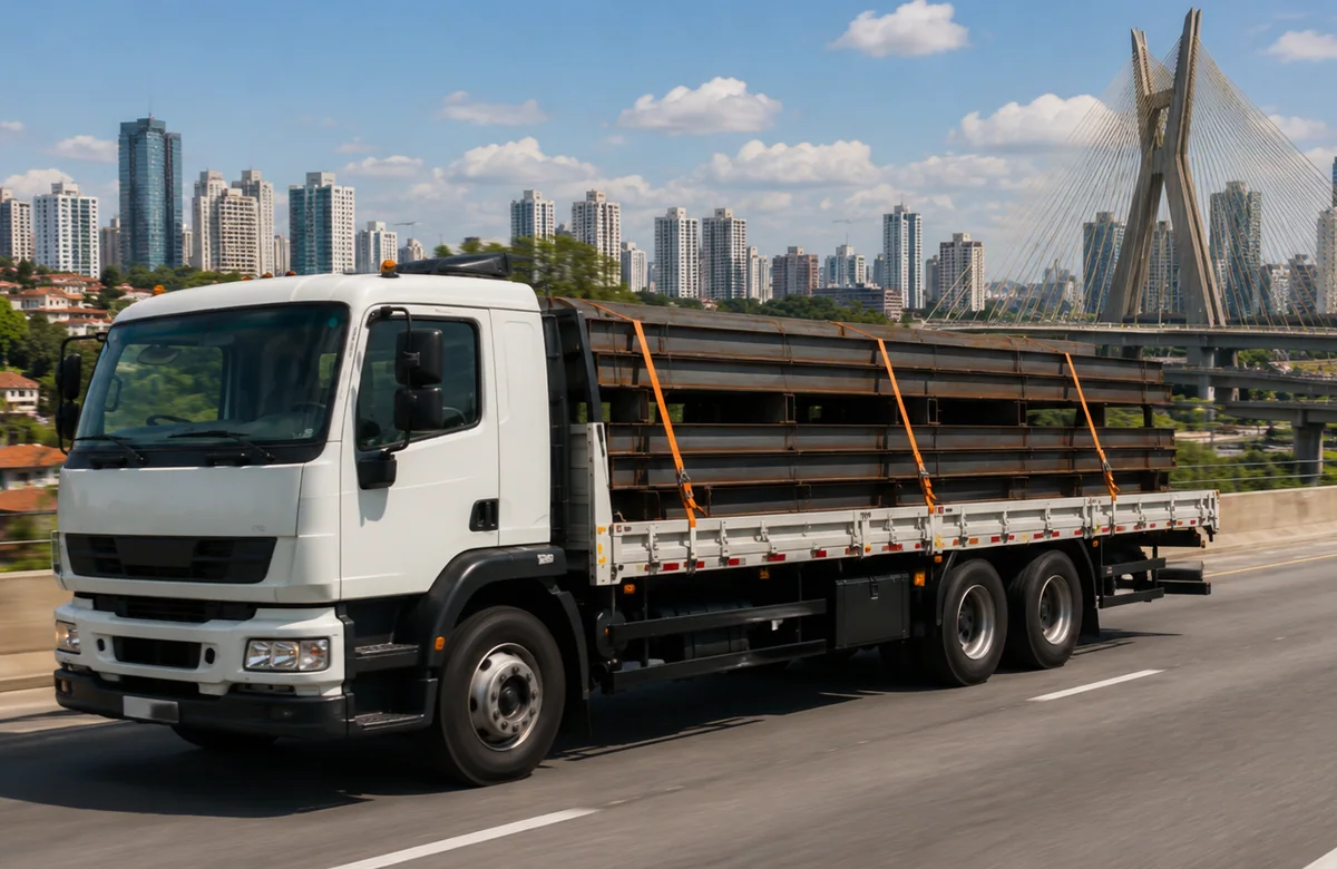 Caminhão plataforma transportando carga em rota urbana